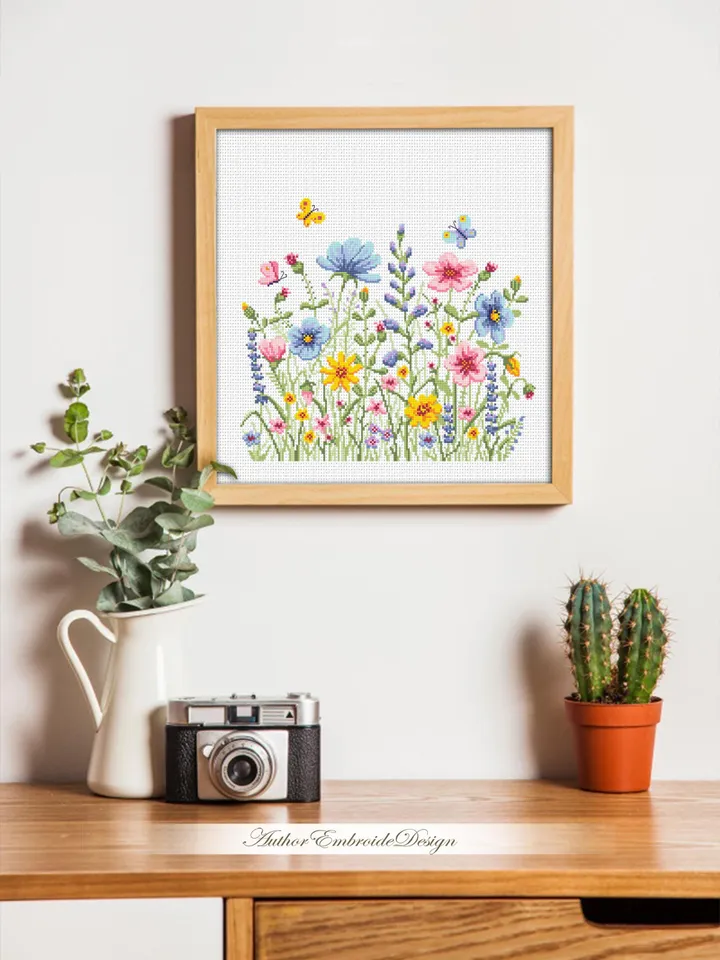 Wildflowers cross stitch pattern PDF instant download Watercolor cross stitch chart, Wild flowers pattern digital PDF, Flower meadow #P51