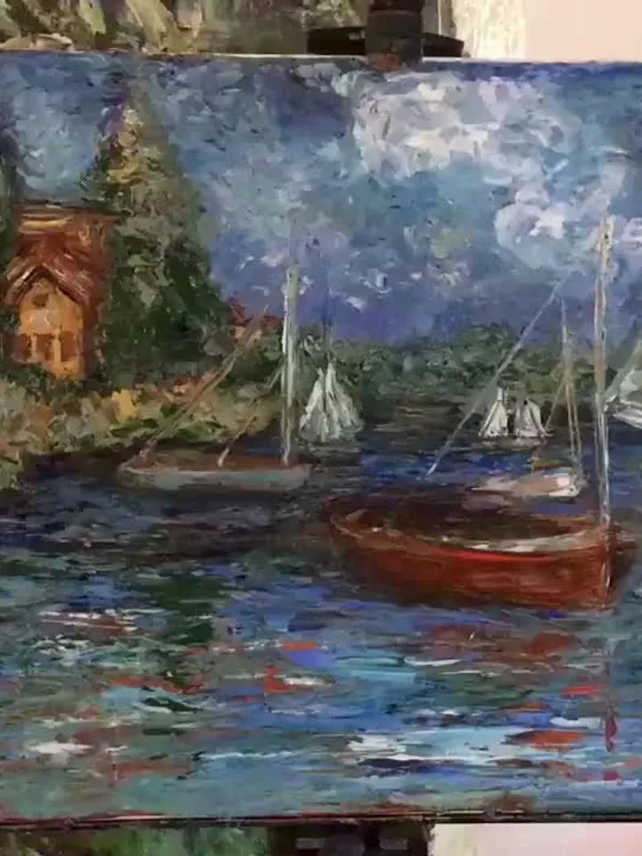 Boats on the lake,original oil impasto style painting,house painting,landscape painting,textured oil painting on canvas,one of a kind.