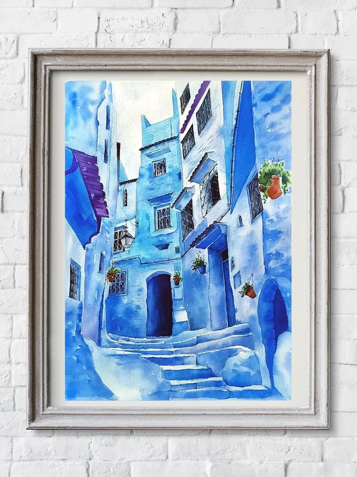 Blue Town Morocco Painting Chefchaouen Artwork Chaouen Original Watercolor Art 11.81x15.74 in by Art Café