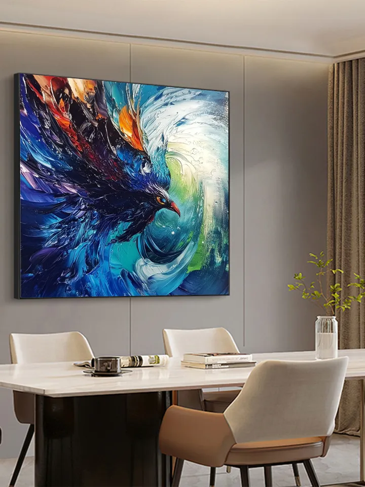 Hand-Painted Abstract Oil Painting | Vibrant Blue Bird in Motion | Stunning Wall Art with Bold Colors for Living Room Decor