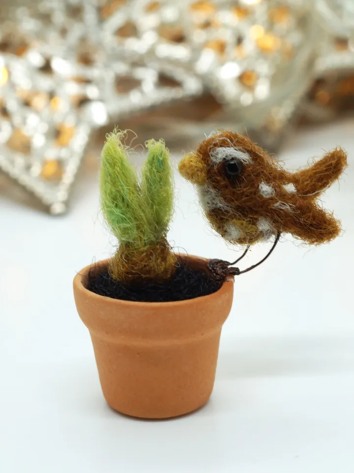 Tiny needle felted wren on a ceramic pot, miniature bird, made to order