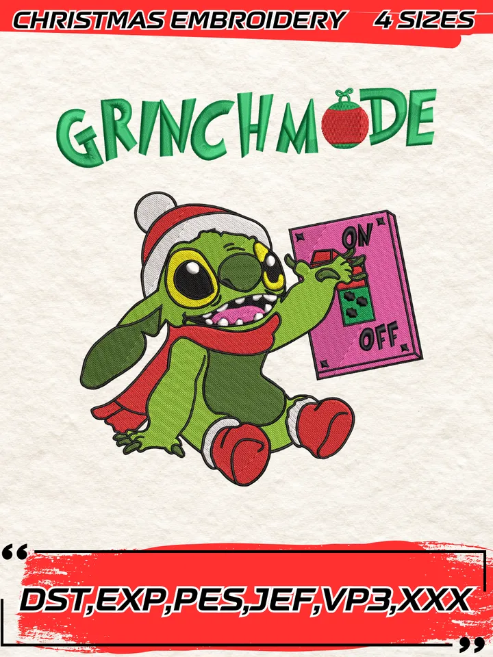 Funny Disney Stitch Grinch Mode On Embroidery Design,Stitch Christmas Embroidery Design,Christmas Embroidery Design,4 Sizes,Digital Download