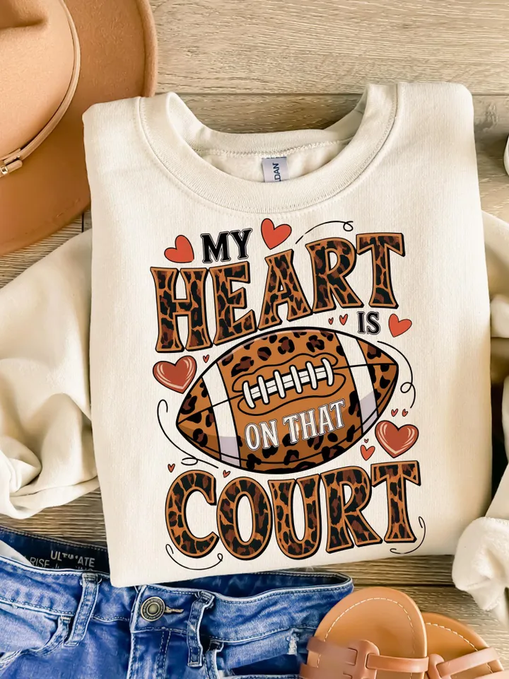 My heart is on that Court Football PNG Game Day Tshirt Design Leopard Heart Football Mom Mama Sublimation Design Digital Download File