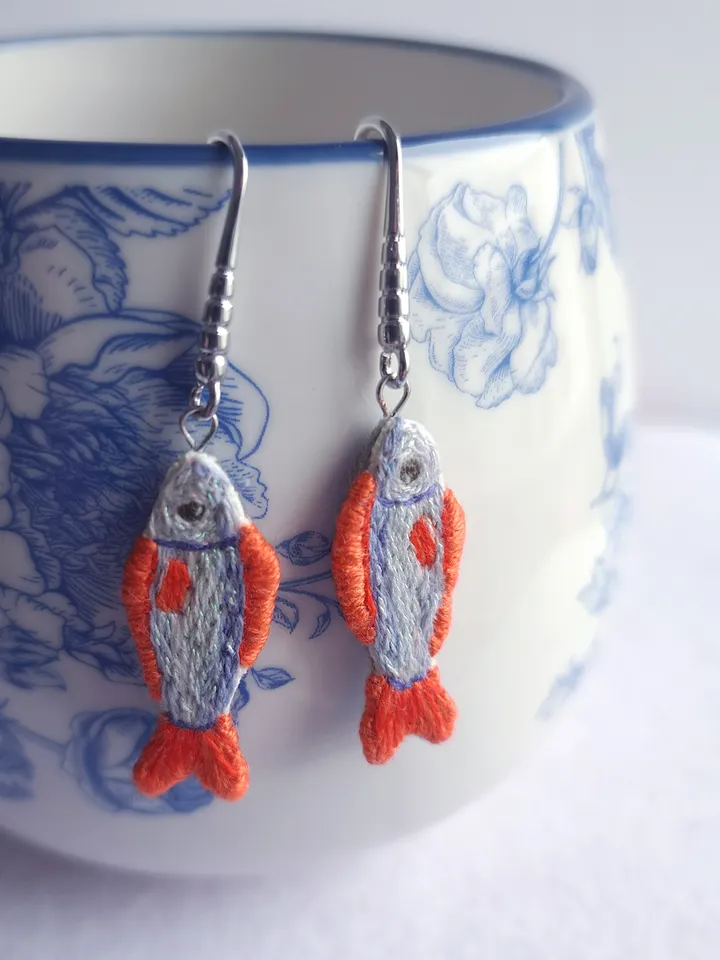 Embroidered Fish Earrings, Handmade Unique Jewelry, Whimsical Handcrafted Gift, Quirky Jewelry Accessory, Original Gift for Her, Boho Design