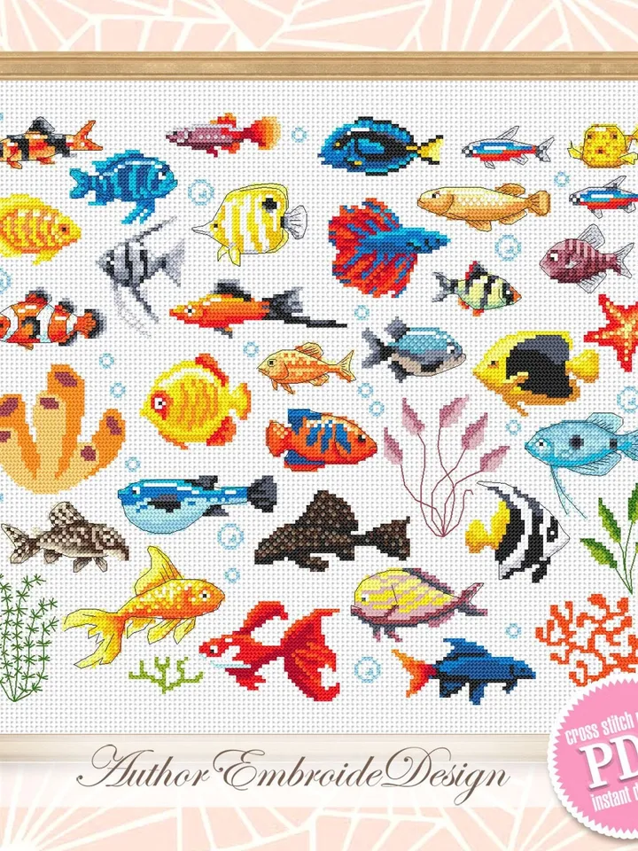 Aquarium fish cross stitch pattern PDF download Fishes sampler cross stitch, Tropical fish pattern digital PDF, Fish needlepoint canvas #K36