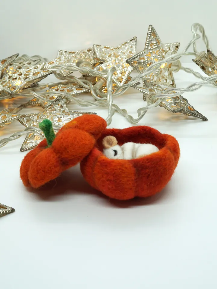 Miniature needle felted pumpkin with a sleeping mouse inside, needle felted mouse, white mouse, baby mouse, made to order