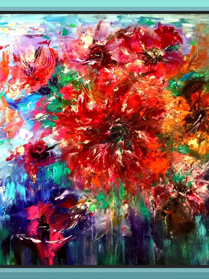 Flowers oil painting,Abstract red flowers on blue background, original oil painting on stretched canvas,handmade unique gift home decor.