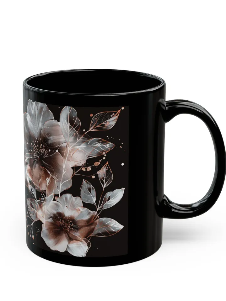 Black Floral Mug, Coffee Lover Gift, Tea Cup, Home Decor, Chic Kitchen Accessory, Ceramic 11oz 15oz