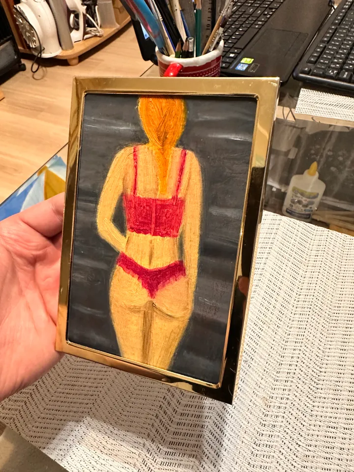Oil Painting Portrait of a Woman in Red Lingerie Figurative Women Miniature Cardboard 6x4 inches 15 cm x10 cm In a gold frame Feminist Art Modern Art Impressionism Wall Decor