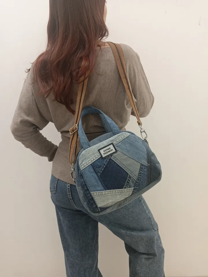cute boston bag made of eco-friendly materials, denim bag made from recycled jeans, shoulder bag, crossbody bag, 4 pockets and adjustable strap with carabiners. crazy patchwork front,