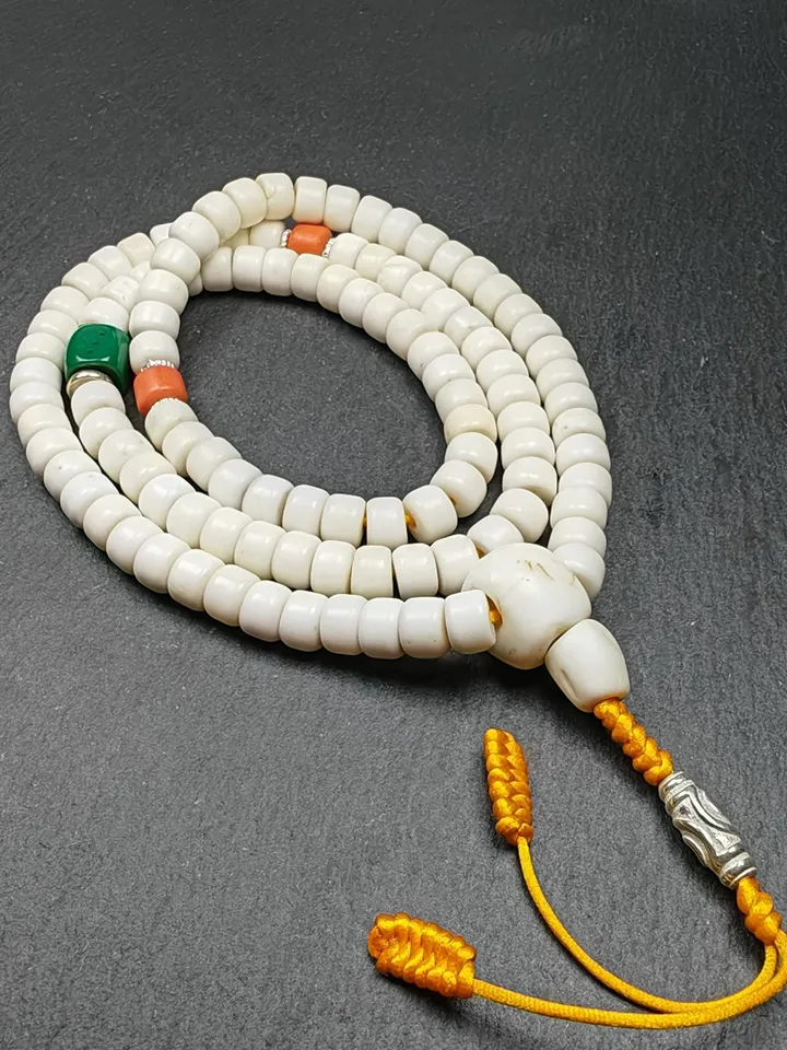 Gandhanra Vintage Tibetan Mala Necklace | 8mm Shankha Shell 108 Prayer Beads for Meditation and Spiritual Practice