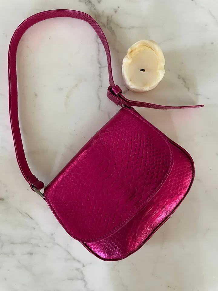 Genuine python skin small top handle shoulder pink foil bag | hot pink metal purse | classy funky designer leather bag | party bag leather