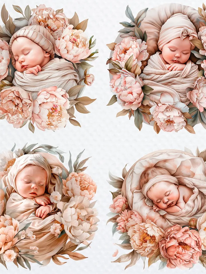12 Baby in Flowers PNG Bundle, Baby Shower Printable Watercolor clipart for sublimation, High Quality PNG, Digital Paper craft, junk journal