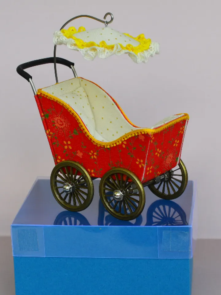 Miniature toy stroller for a little doll. Handmade miniature stroller for small dolls. Stroller for dolls 2,76"(7 cm.)