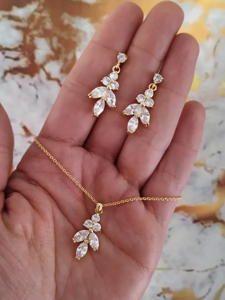 Bridal Necklace Set, Gold Diamond Wedding Earrings, CZ Bridal Earrings, Vintage Style Rose Gold Bridal Jewelry, Art Deco Bridal Earrings,