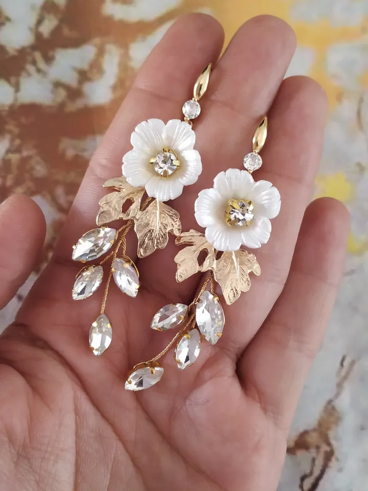 Silver, Gold Porcelain Flower Bridal Earrings, Chandelier Statement Wedding Earrings, Leaf Earrings, Boho Bridal Earrings, Crystal Earrings