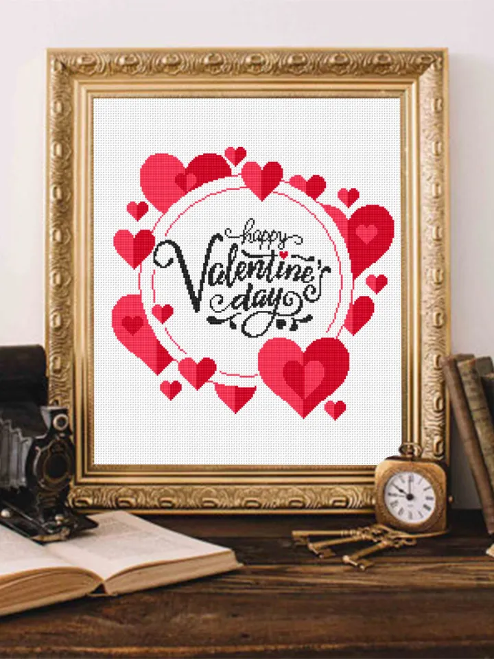 Happy Valentines day cross stitch pattern download PDF, Love quotes cross stitch chart, Cute heart embroidery PDF, Love lettering stitch #V3