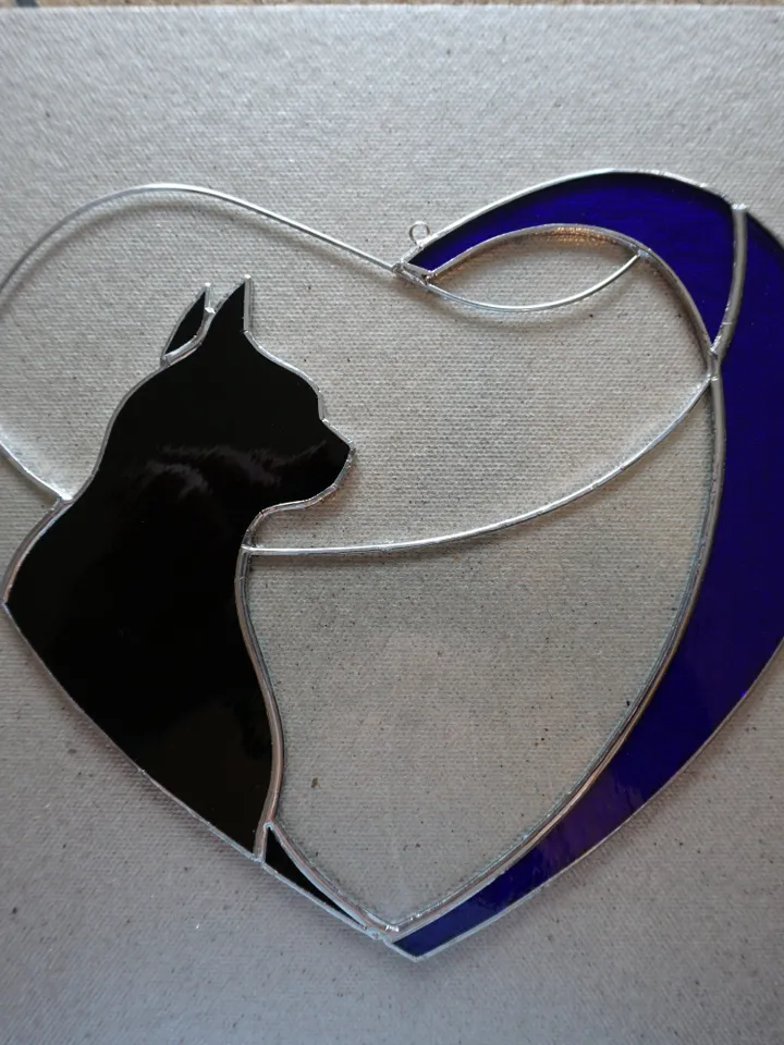 Black Cat in Blue Heart . Art stained glass window hanging Suncatcher . Gift for animal lover , pet loss memorial