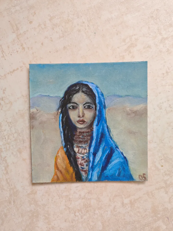 Bedouin Girl Portrait Original Painting Girl In Blue Scarf Original Art Bedouin Girl Modern Artwork Bedouin Girl In Blue Scarf Wall Decor Bedouin Woman Oil Painting 6x6 inches by OlgaSokolovaArt