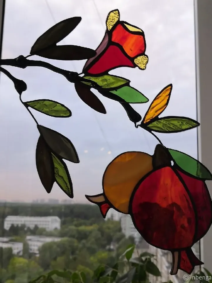 Tiffany Stained Glass: Small Pomegranate Twig, Miniature Pomegranate Branch in Tiffany Style, Tiffany-Style Stained Glass Pomegranate Twig, Small Pomegranate Ornament – Tiffany Technique, Compact Pomegranate Branch in Stained Glass