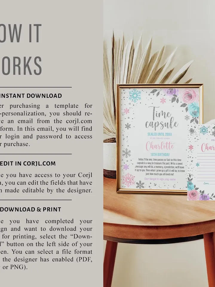 Winter Onederland Time Capsule and Matching Note Card Pink Purple Winter Onederland 1st Birthday Girl Decorations, Editable Template i098