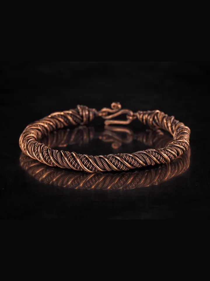 Narrow wire wrapped copper bracelet Unique metal bangle Handmade jewelry