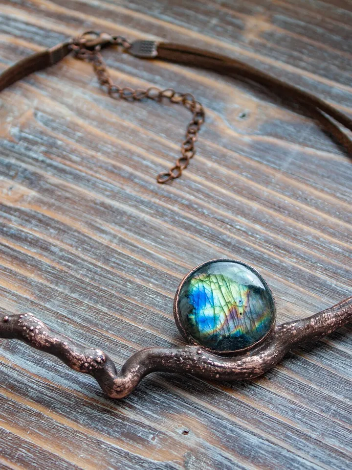 Copper pendant - choker made from natural stick using electroforming with natural labradorite stone