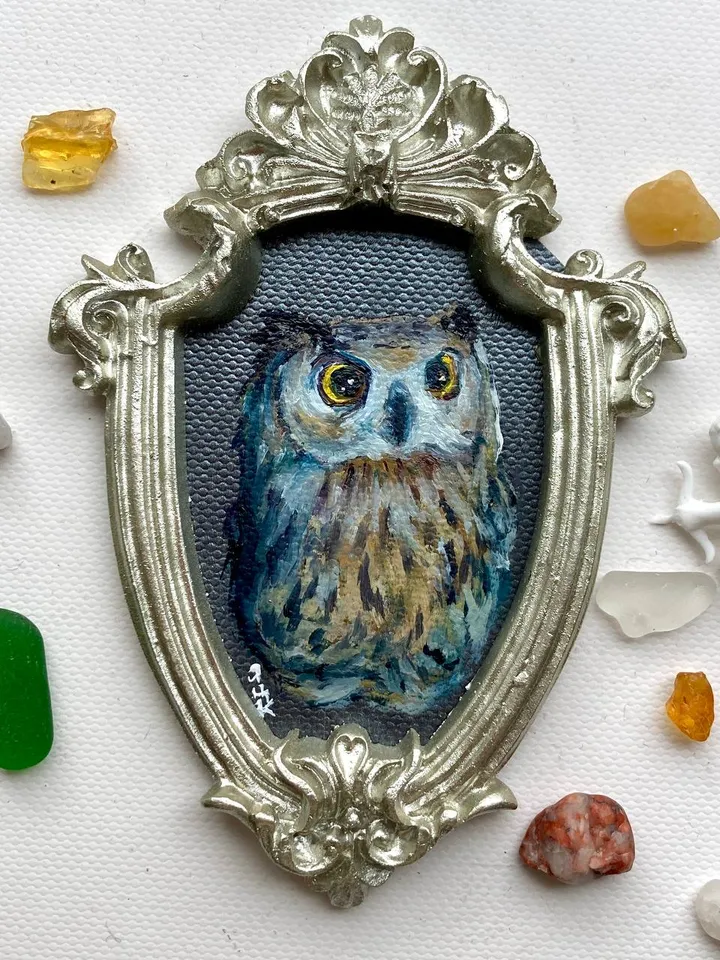 Owl Oil Painting Original In Vintage Style Frame Small Framed Bird Art Baby Owl