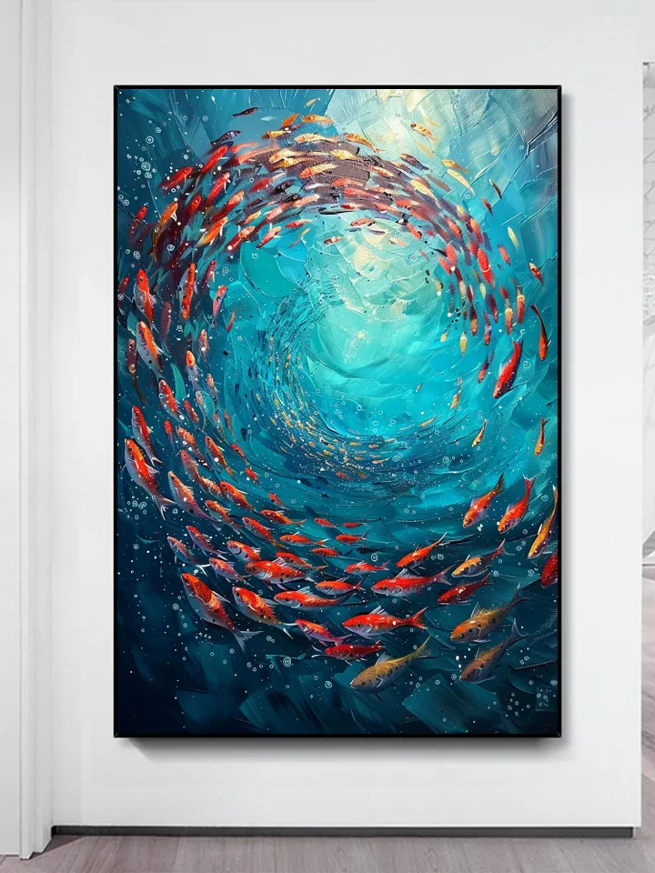 Original School of Fish Oil Painting On Canvas, Abstract Blue Underwater World Art, Ocean Painting, Living Room Wall Art, Custom Painting