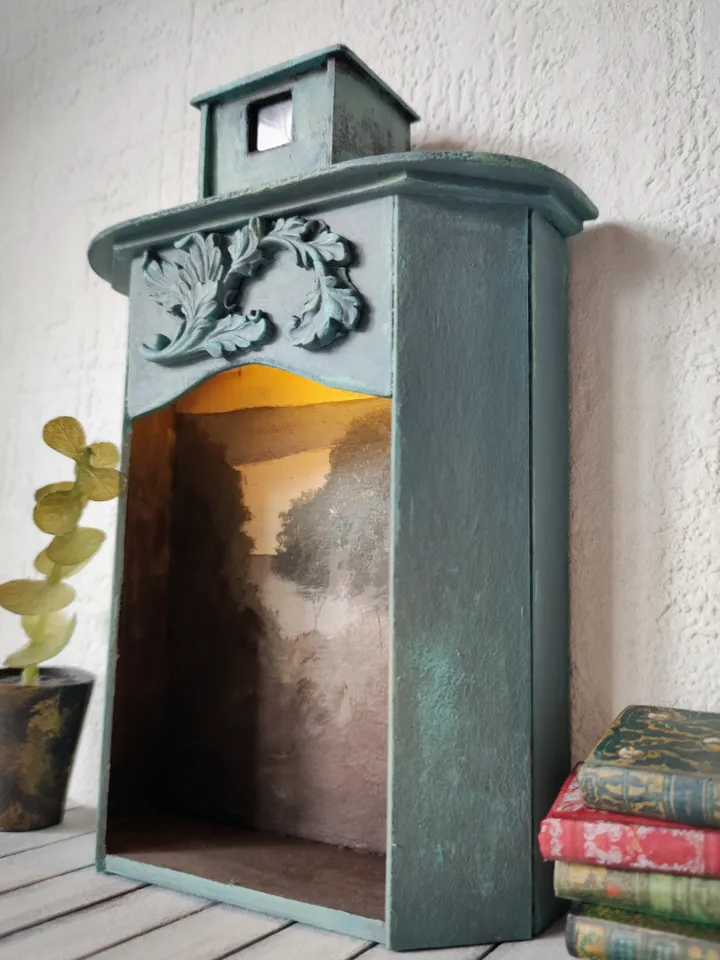 Miniature Fireplace with Small Painting and Backlight 1/6, 1/12 sea wave color
