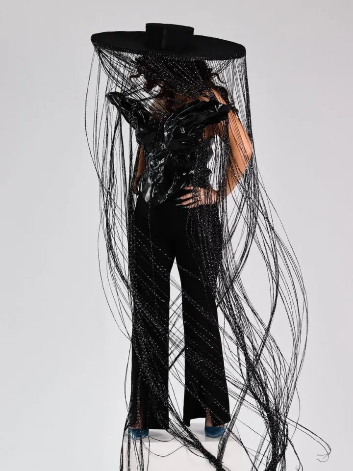 fringed hat, threaded hat, photo shoot hat, black hat. expedited shipping