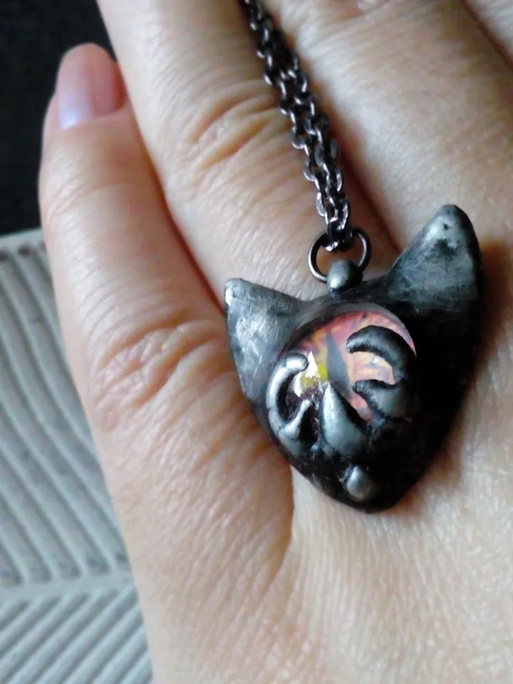 CAT necklace, cat eye tin soldered pendant, cat lovers jewelry, Halloween necklace, witchy aesthetic, goth bat pendant