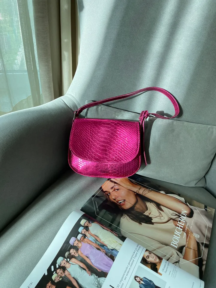 Genuine python skin small top handle shoulder pink foil bag | hot pink metal purse | classy funky designer leather bag | party bag leather