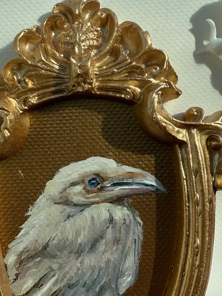 Framed Albino Raven Painting Small Original Witch’s Friend Artwork Crow Art Tiny Oil Painting Bird