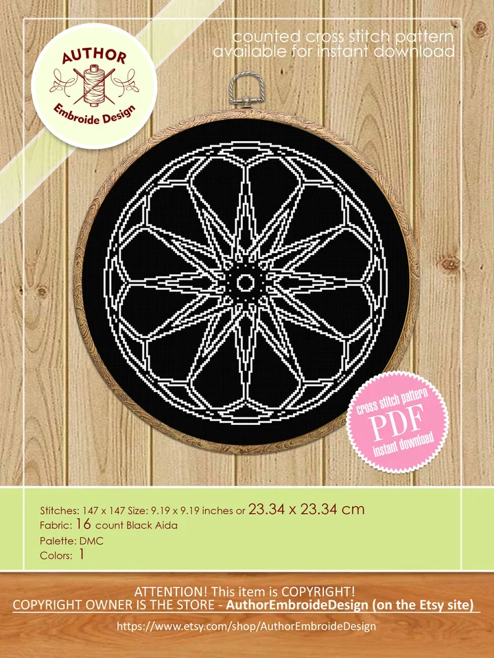 Wheel of fortune mandala cross stitch pattern download PDF Monochrome geometric ornament pattern digital PDF Quick cross stitch sampler #M30
