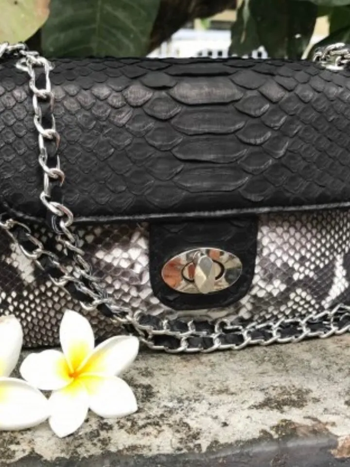 Genuine Python Skin Crossbody Colorblock Black and gray bag | Adjustable Chain Classy Elegant snake Small Lady Summer Bag | Python Purse
