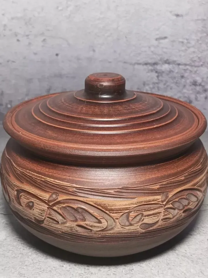 Pottery casserole. Handmade from red clay, carved pattern. Eco-friendly product