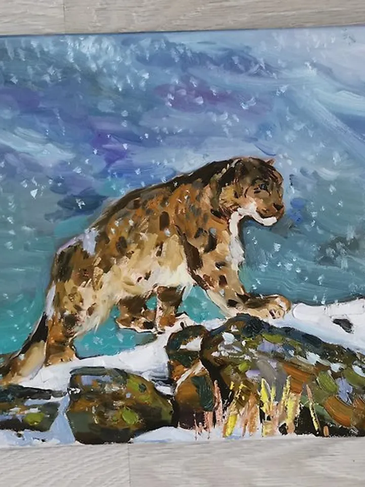 Snow leopard Painting Original Art Canvas Painting Animal Art 手工油畫