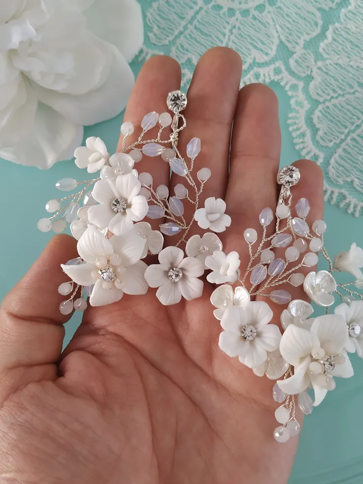 Porcelain Flowers Wedding Earrings Boho Wedding Earrings Rose Gold Hoop Chandelier Earrings Opal Crystal Long Bohemian Boho Bridal Earrings