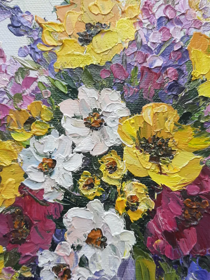 Yellow flower oil painting Original art Wildflowers Palette knife painting Wall art