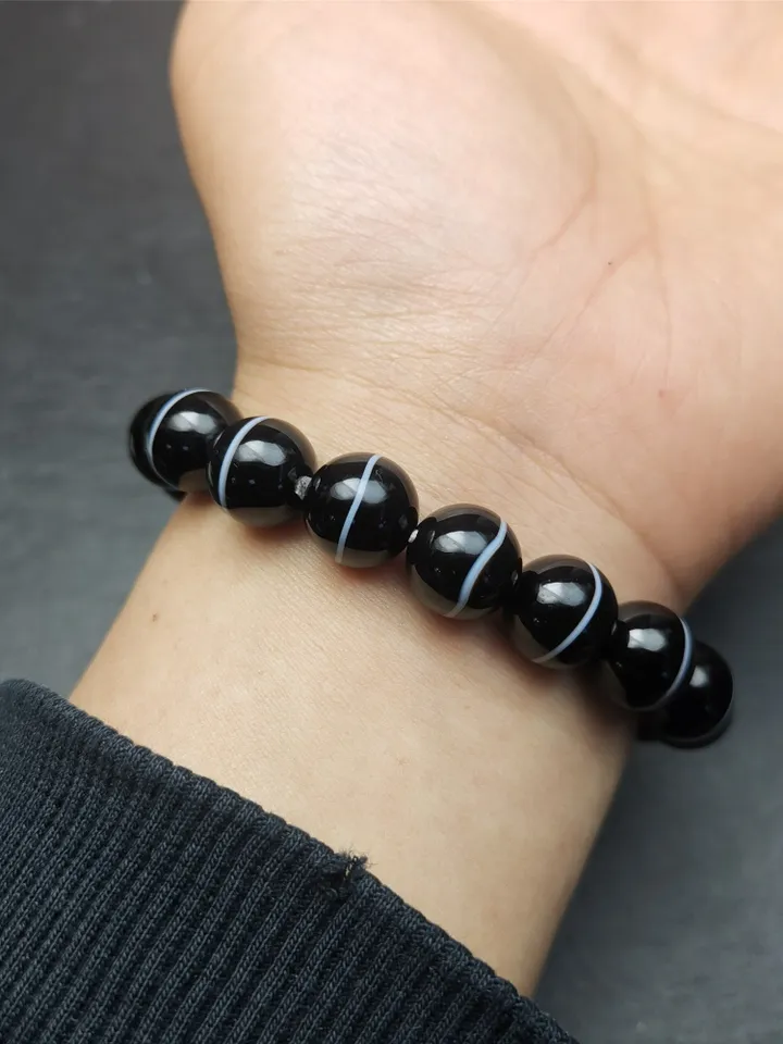 Gandhanra Vintage Tibetan Wrist Mala,Authentic Black Agate Medicine Buddha Bhaisajyaguru Prayer Beads Bracelet for Meditation,0.4&quot; - 0.63&quot;