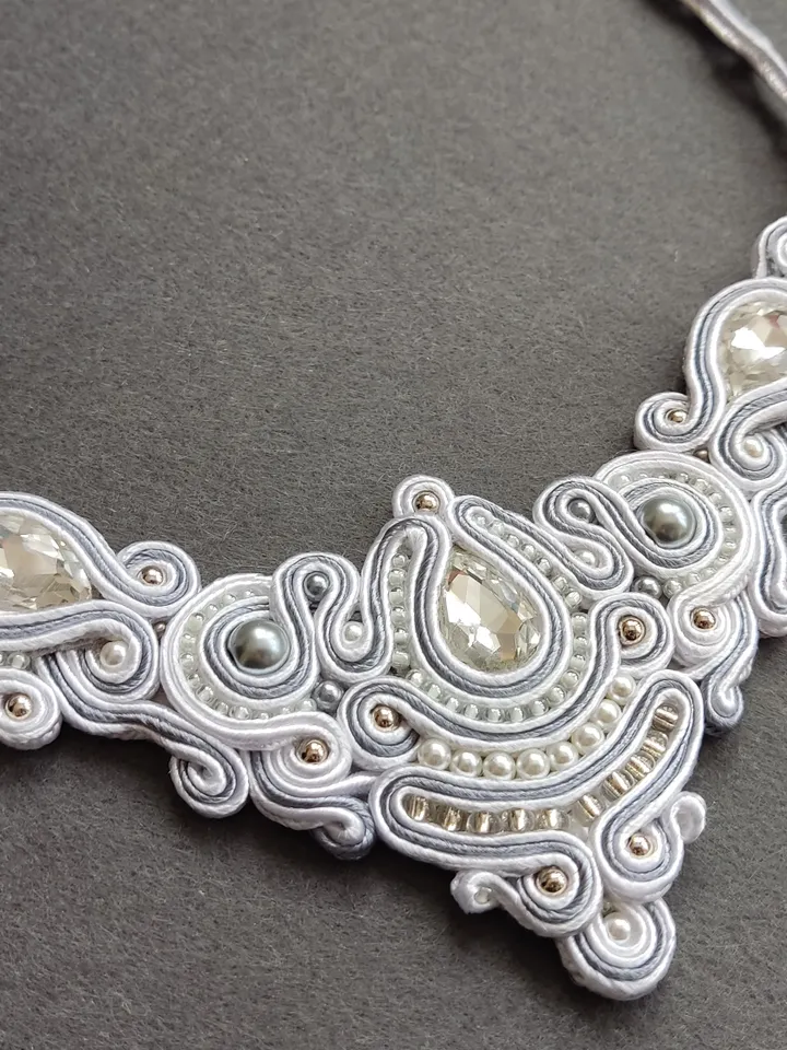 Bridal necklace, White necklace, Wedding jewelry, Bead Embroidered Soutache necklace Rhinestone beaded necklace