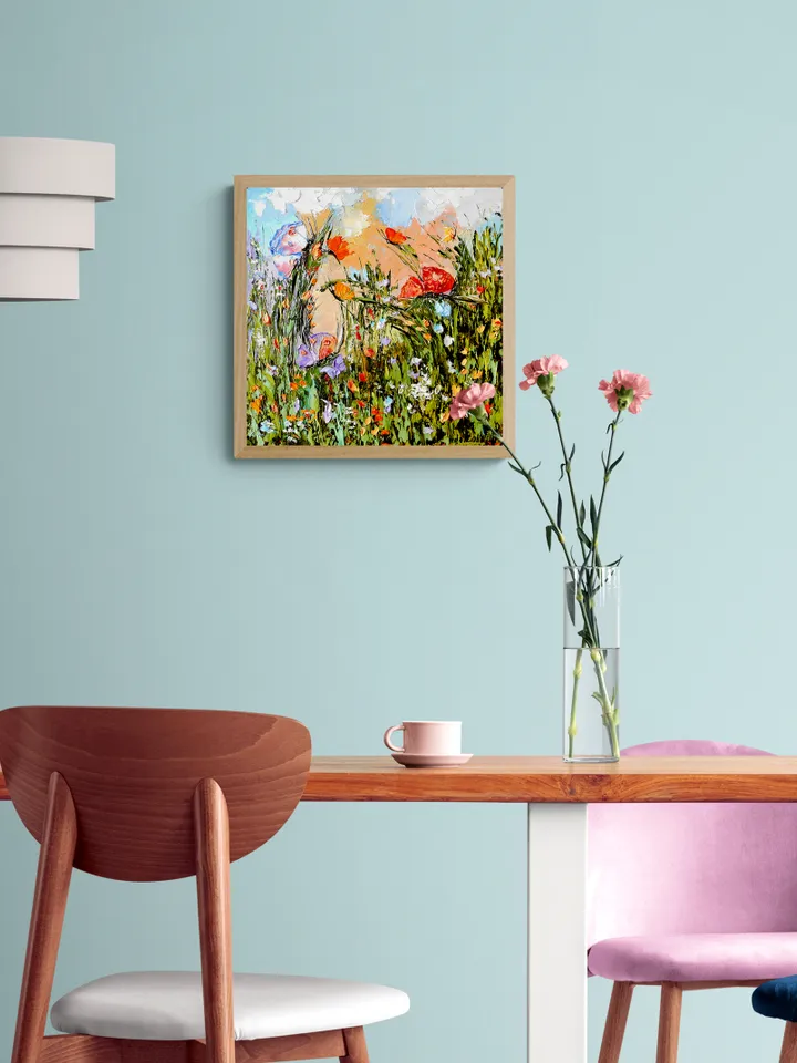 Flowers Original oil painting | Butterflies with wildflowers