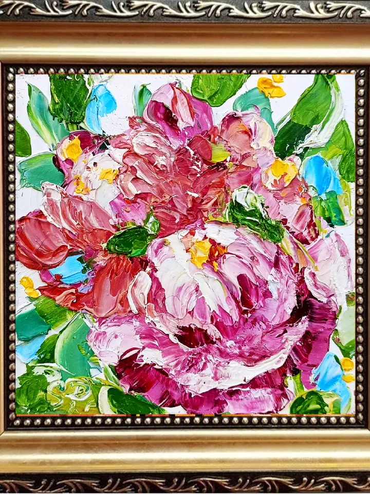 Peony Painting Gift Flower Original 4x4 Oil Impasto Boho Miniature Floral Painting Abstract Floral Boho Shabby Chic Art Cottage Wall Art