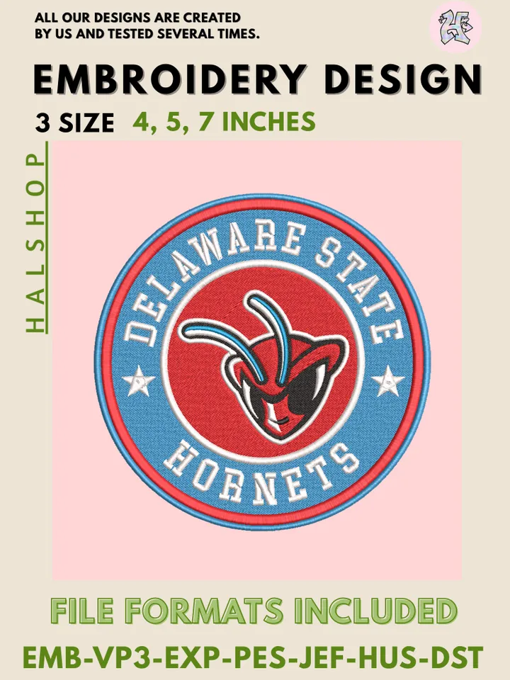Delaware State Hornets NCAA College Team Embroidery File, Digital Machine Embroidery Design, 3 Sizes Included, Instant Download