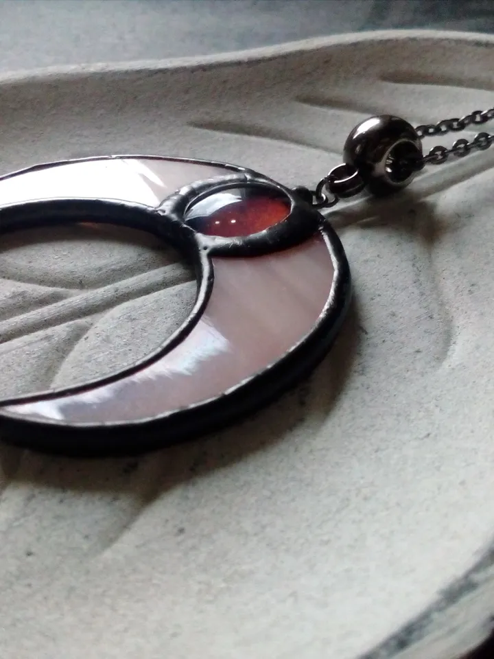 Stained glass moon, Mood stone crescent, Moon phase necklace, Stainglass crescent, Full moon