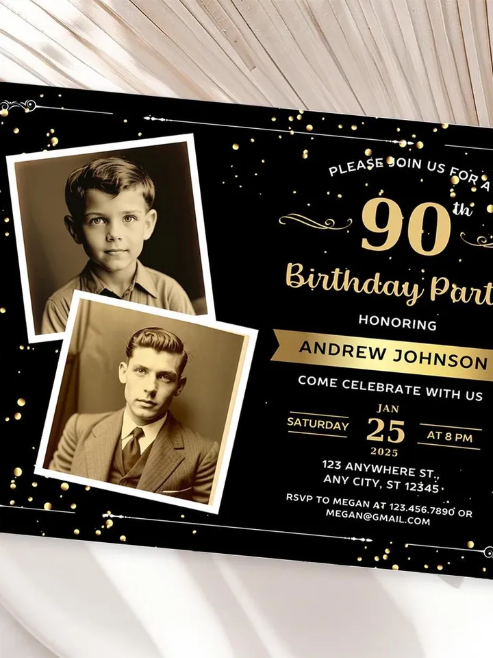 90th Birthday invitation with Photo | Adult Birthday Photo Invite | Mens birthday Black Gold landscape invitation card | Canva template