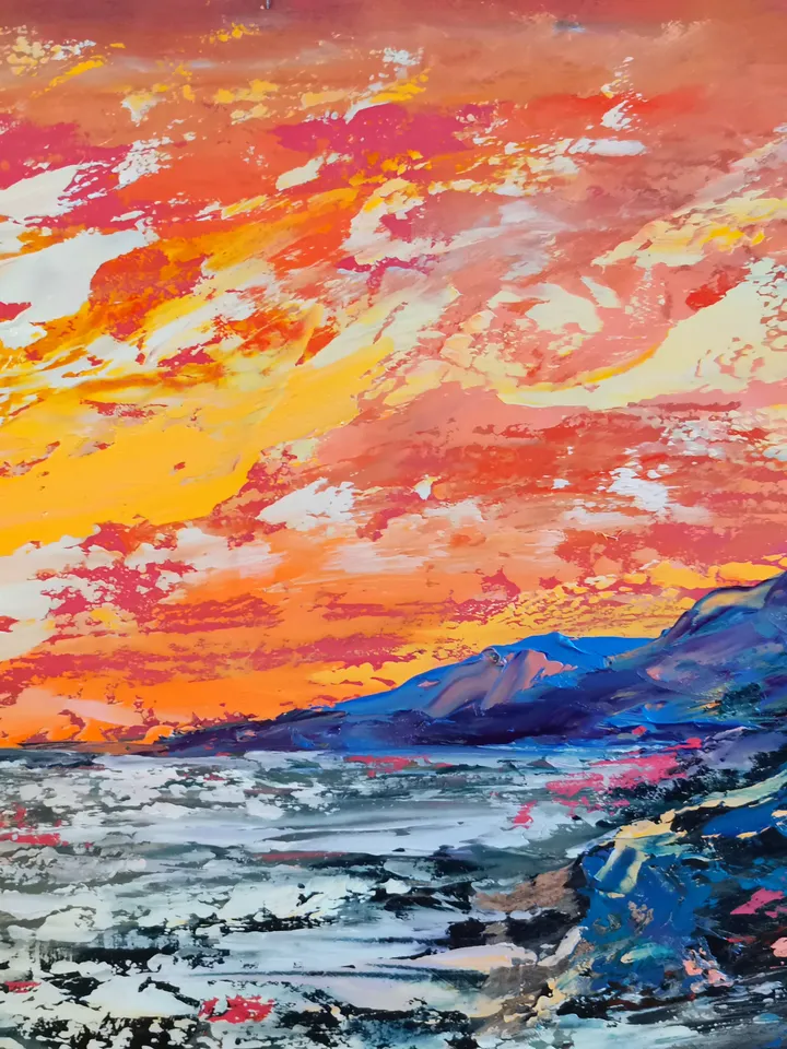 Mountains Sea Ship Bright Sunset Original Art Oil Painting Artist Svinar Oksana