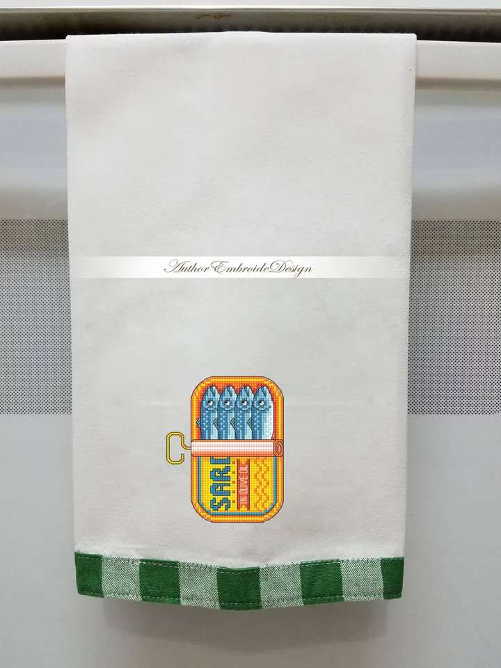Sardines in a can cross stitch pattern PDF download Tinned sardines cross stitch chart, Funny kitchen decor, Small fish pattern digital #F26