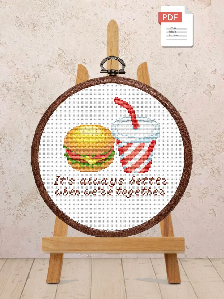 Hamburger and Cola Cross Stitch Pattern, Kitchen Cross Stitch, Embroidery Cola, Hamburger Cross Stitch Pattern, Modern Cross Stitch #kt028